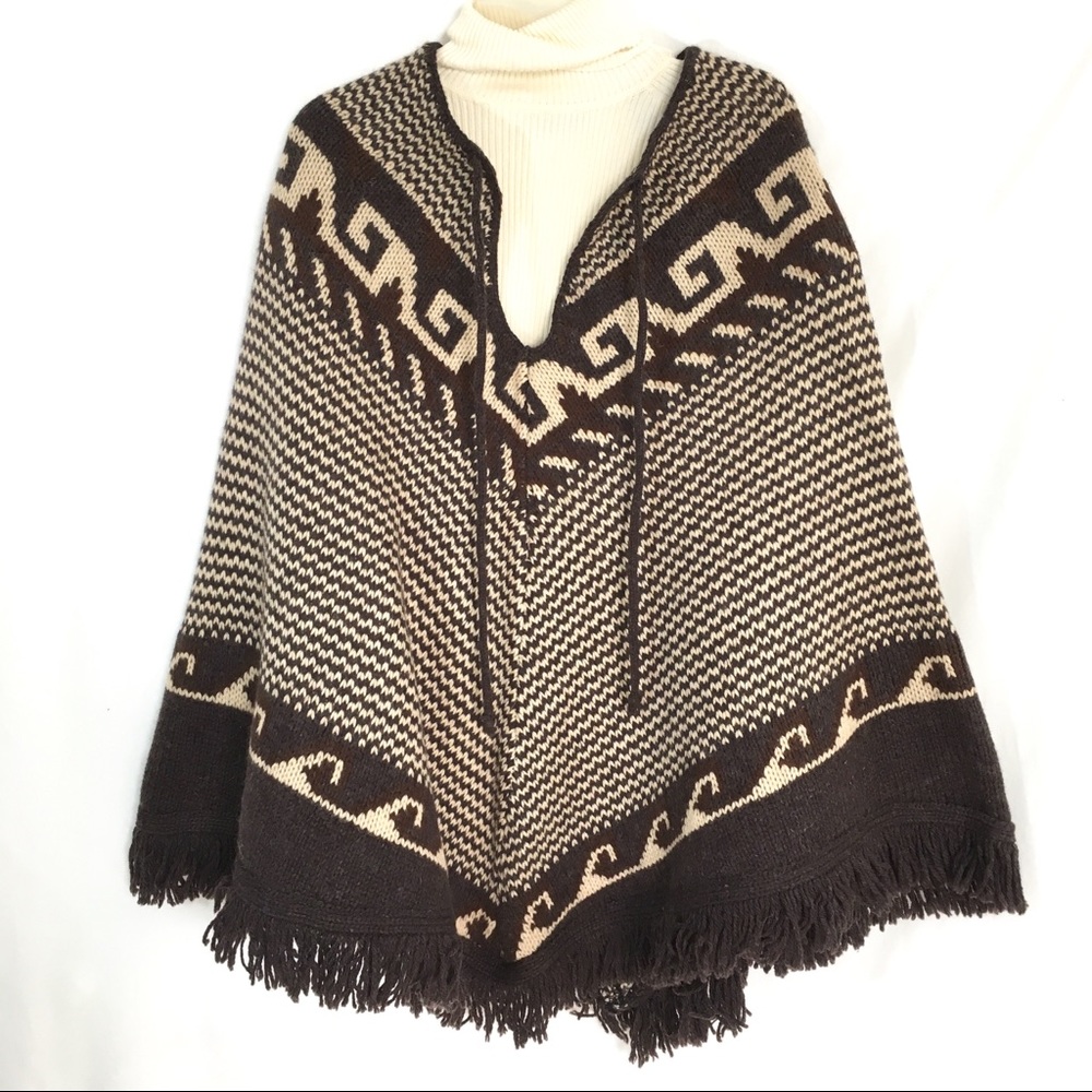 Cross Pointe Fringe Western Poncho Brown  Lambswool Blend Sweater Vest